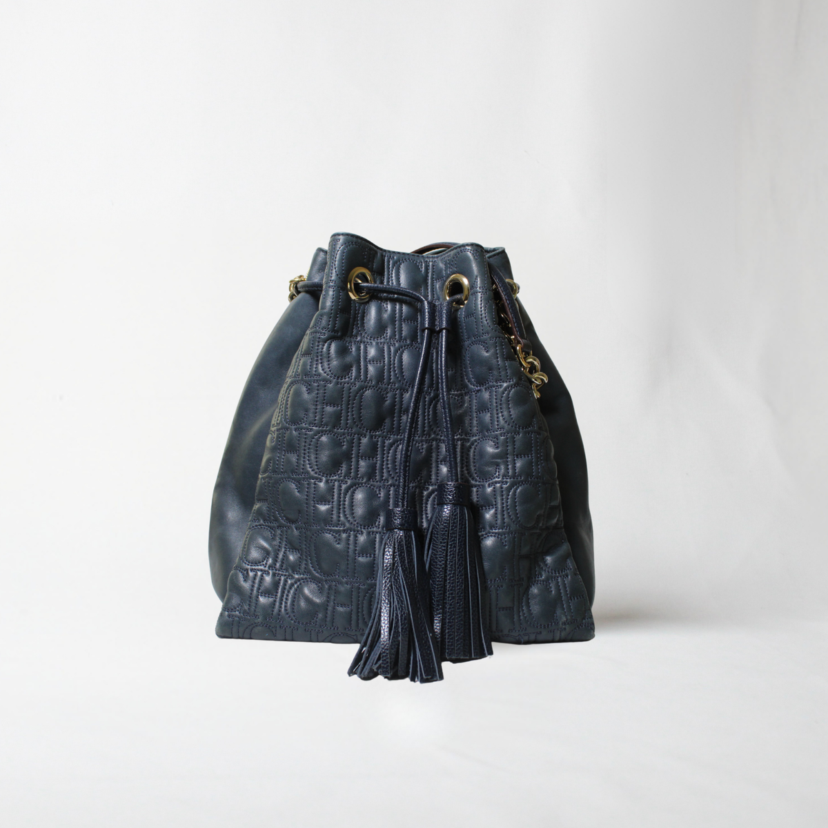Carolina Herrera Navy Leather Bucket Bag