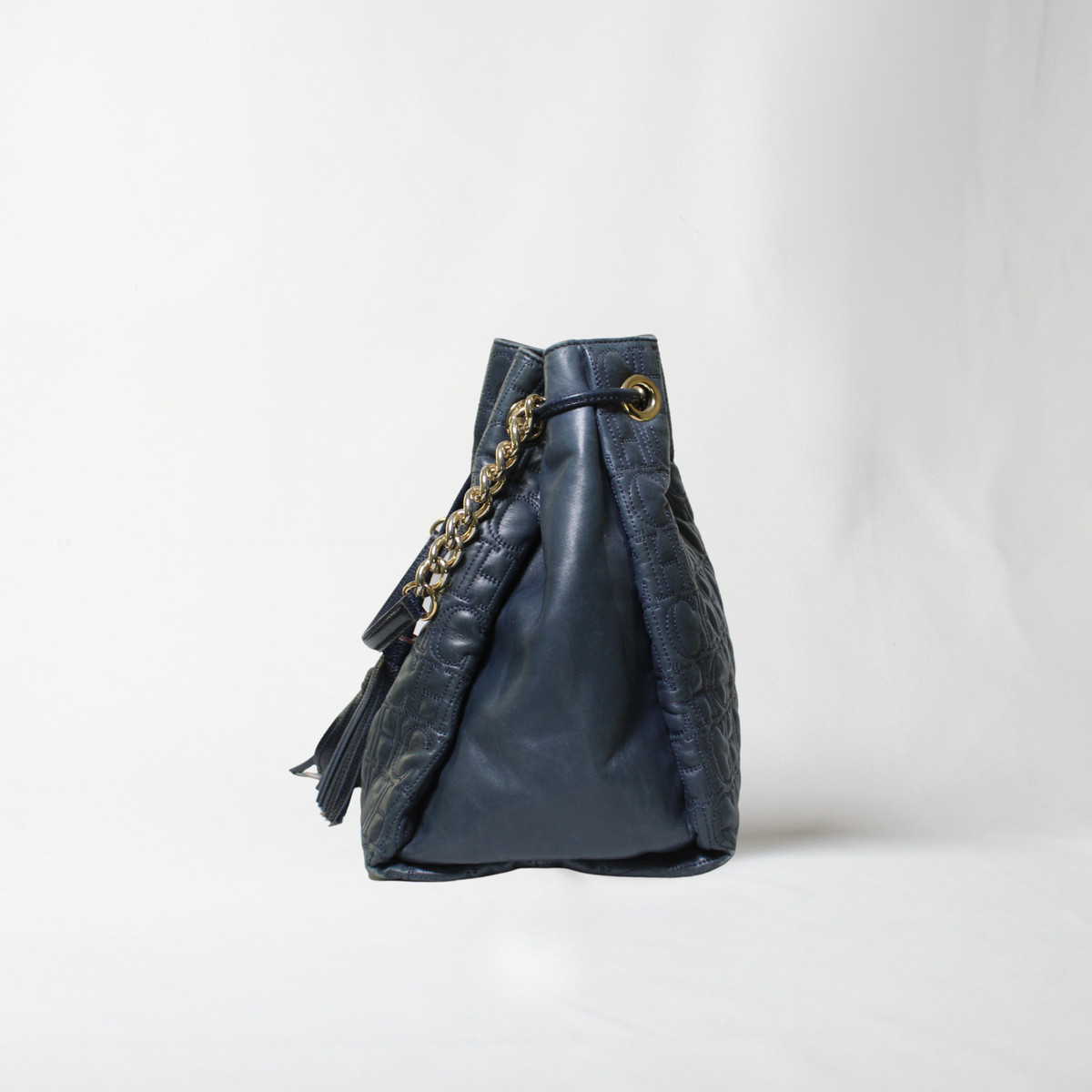 Carolina Herrera Navy Leather Bucket Bag