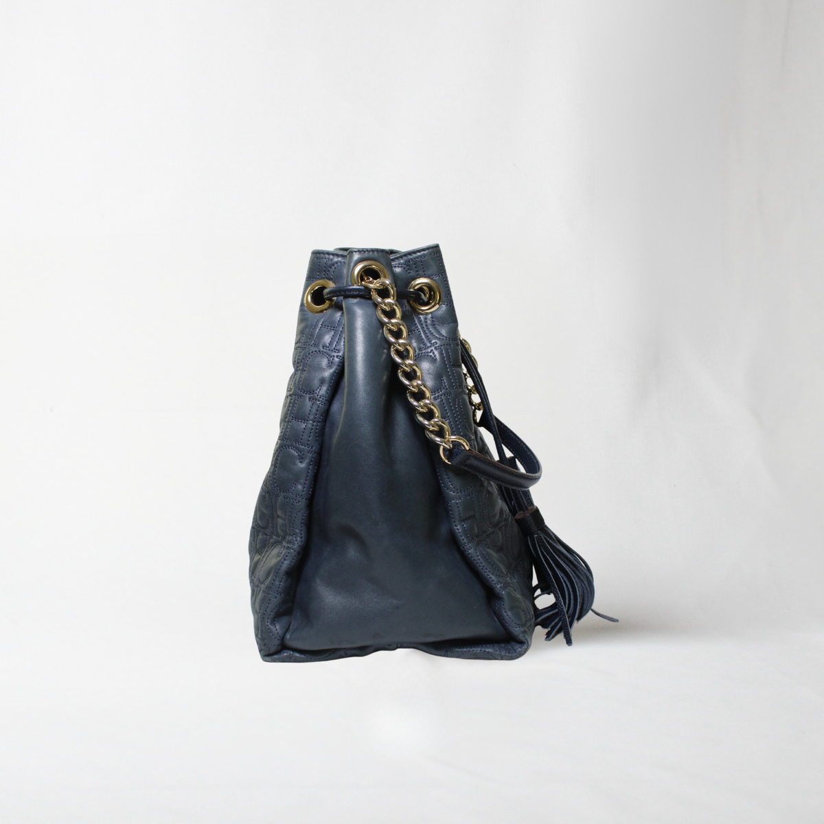 Carolina Herrera Navy Leather Bucket Bag